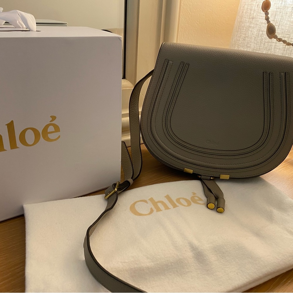 Chloe Marcie Leather Saddle crossbody cashmere grey purse